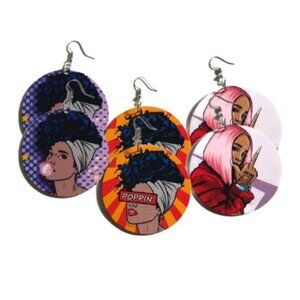 3 Pairs MEDIUM Statement Dangle Drop Wood Earrings Bundle - 000